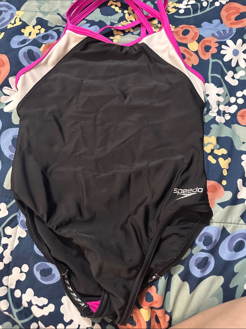 Speedo Black One-Piece Swimsuit with Pink Trim and Cream Panels